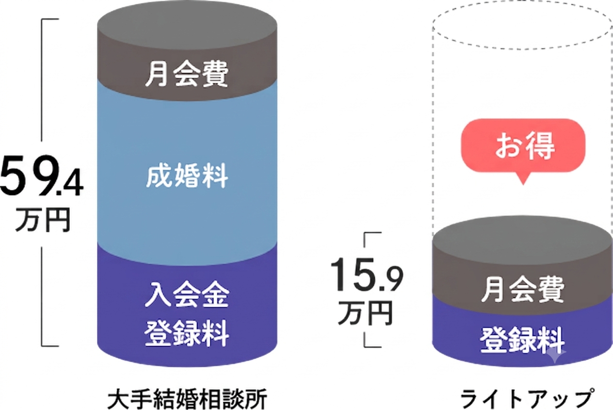 大手結婚相談所59.4万円に対しライトアップは年間15.9万円